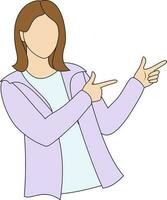 uma jovem mulher dentro casual roupas apontando às alguma coisa a parte, de lado às cópia de espaço de polegar e índice dedos em dois mãos. vetor
