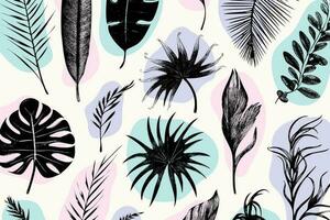 ilustração conjunto do tropical plantas e folhas, mão desenhado estilo, esboço esboço. vetor