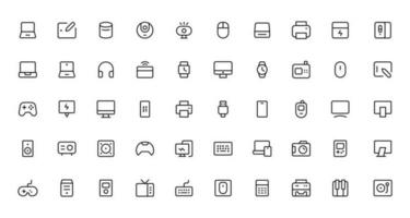 dispositivo e tecnologia linha ícone definir. eletrônico dispositivos e gadgets, computador, equipamento e eletrônicos. computador monitor, Smartphone, tábua e computador portátil sumbol coleção vetor