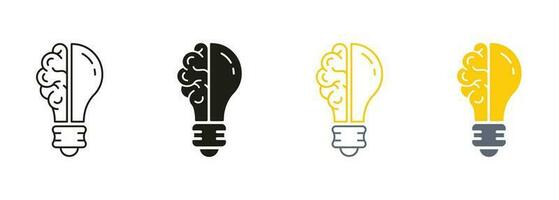 luz lâmpada inspiração, conhecimento, inteligente solução linha e silhueta cor ícone definir. humano cérebro e lâmpada idéia pictograma. inovação símbolo em branco fundo. isolado vetor ilustração.