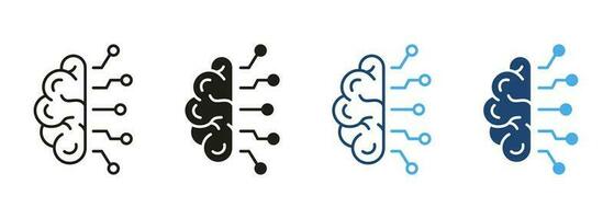 ai inovação conceito linha e silhueta cor ícone definir. humano cérebro, rede lasca tecnologia pictograma. artificial inteligência símbolo coleção em branco fundo. isolado vetor ilustração.