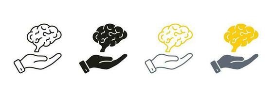 neurologia, psicologia linha e silhueta cor ícone definir. humano cérebro com mãos pictograma. Educação, lógica análise, memória, mente símbolo coleção em branco fundo. isolado vetor ilustração.