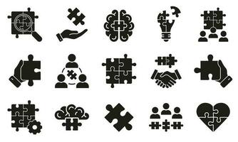 equipe conexão, comunicação gestão glifo pictograma. quebra-cabeças enigma peças juntos sólido símbolo coleção. o negócio parceria, trabalho em equipe silhueta ícone definir. isolado vetor ilustração.