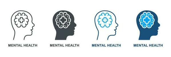 mental saúde silhueta e linha ícone definir. médico ajuda para humanos com psicológico transtorno pictograma. psicologia Cuidado, psiquiatria emocional Apoio, suporte símbolo coleção. isolado vetor ilustração.