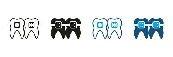 dental suspensórios silhueta e linha ícones definir. Dentistas oral Cuidado. odontologia, dentes tratamento símbolo coleção. ortodôntico braçadeira, mandíbula e saudável dente correção. isolado vetor ilustração.