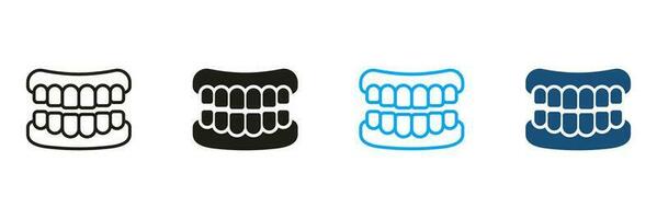 falso dente, dentes prótese pictograma. humano mandíbula anatomia com dentes silhueta e linha ícones definir. saudável sorriso, oral higiene, dental tratamento, odontologia placa. isolado vetor ilustração.