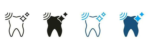 dente branqueamento. oral Cuidado, higiene, dental tratamento. dental ultrassônico limpeza silhueta e linha ícones definir. odontologia Preto e cor símbolo coleção. isolado vetor ilustração.