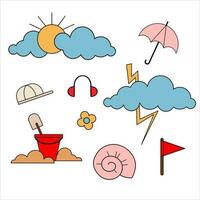 uma conjunto do verão rabisco ícones. Olá verão vetor. nuvens, guarda-chuva, praia, areia vetor