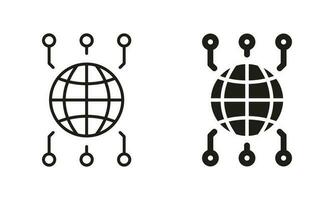 global rede linha e silhueta ícone definir. internacional rede para comunidade. no mundo todo rede símbolo coleção. cyber tecnologia Preto placa. isolado vetor ilustração.