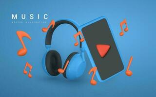 3d música bandeira. realista Smartphone, música notas e fone de ouvido dentro plástico desenho animado estilo. vetor ilustração