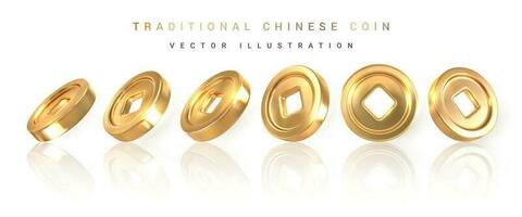 3d tradicional chinês ouro moeda com quadrado buraco. ásia tradicional elementos. vetor ilustração