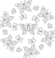página para colorir de monograma de contorno de jardim de flores de padrão natural de borboleta vetor