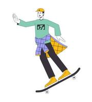 alegre skatista plano linha cor vetor personagem. editável esboço cheio corpo homem passeios em skate em branco. simples desenho animado local ilustração para rede gráfico Projeto