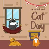 vetor fofa internacional gato dia plano mão desenhado tema gato casa 2 ilustração