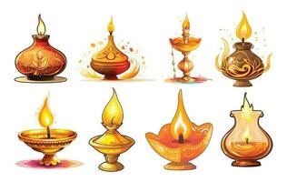 conjunto do feliz diwali óleo luminária vetor