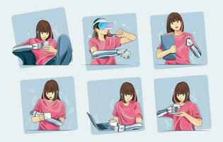 mulher com protético braço trabalhando, usando computador portátil e bebendo quente chá. ativo estilo de vida do uma pessoa com uma prótese vetor