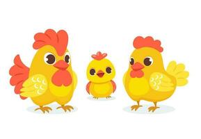 fofa frango família com seus frango dentro desenho animado estilo. vetor ilustração do a adulto galinha, galo e pintinho em uma branco fundo.