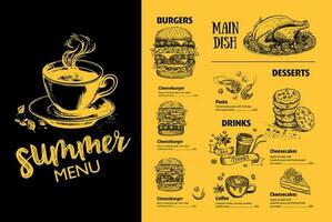 brochura do restaurante do menu. panfleto com gráfico desenhado à mão. vetor