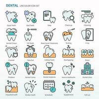 dental ícone conjunto - cor linha ícones. mesmo Como Verifica acima, limpeza, dental coroa, preencher dentes, raiz canel tratamento, escala, x raio, levar fora, queda dentes, sobreposto, braçadeira, etc. vetor