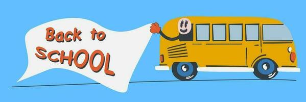escola ônibus com retro personagem. vetor ilustração costas para escola. engraçado personagem a partir de a anos 90.