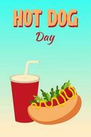 quente cachorro dia, cartão, folheto, hamburguer vetor ilustração, feriado convite, desenho animado estilo