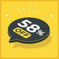 58 por cento desligado. 3d flutuando balão com promoção para vendas em amarelo fundo vetor