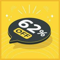 62 por cento desligado. 3d flutuando balão com promoção para vendas em amarelo fundo vetor