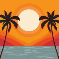 verão pôr do sol serenata ilustrar uma vetor panorama do uma lindo pôr do sol, completo com silhuetas do Palma árvores e pássaros