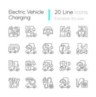 conjunto de ícones lineares de carregamento de veículos elétricos vetor