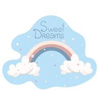 inscrição bons sonhos, pôster fofo com um arco-íris x sonhos e a lua em tons pastel para crianças no berçário e estrelas, objeto de vetor em estilo simples