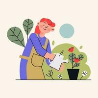 ilustração do uma mulher rega plantas para preservar a meio Ambiente e manter dela mente saudável vetor