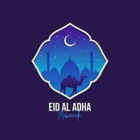 eid al adha mubarak caligrafia com camelo e lua vetor