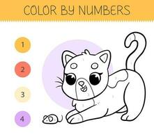cor de números coloração livro para crianças com fofa gato. coloração página com desenho animado gato. monocromático Preto e branco. vetor ilustração