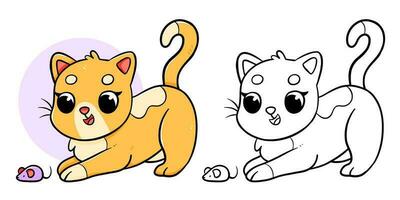 gato com rato brinquedo coloração livro com coloração exemplo para crianças. coloração página com gatinho. monocromático e cor versão. vetor crianças ilustração