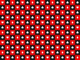 fundo de pôquer de vetor abstrato sem costura com cartas de jogar sinais quadrados de símbolos brancos em quadrados vermelhos e pretos.