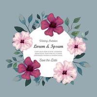 cartão com flores roxas e rosa convite de casamento com flores roxas e rosa com decoração de ramos e folhas vetor
