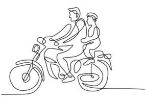 desenho de linha contínua de um jovem pai andando de moto com seu filho pequeno, isolado no fundo branco vetor