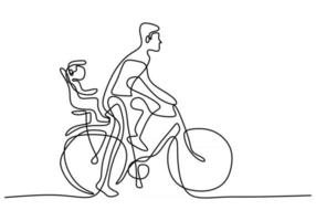 um único contínuo desenhado uma linha de pai com uma criança em uma bicicleta vetor