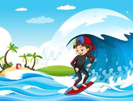 grande onda na cena do oceano com uma garota em uma prancha de surf vetor