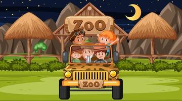 zoológico à noite com muitas crianças em um carro jipe vetor