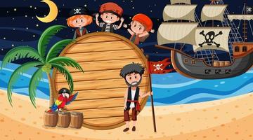 crianças piratas na cena noturna da praia com um modelo de banner de madeira vazio vetor