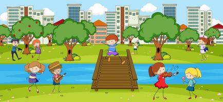 cena com muitas crianças doodle personagem de desenho animado no parque vetor