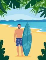 jovem homem surfista com prancha de surfe em pé em a de praia. sorridente surfista cara. vetor ilustração.
