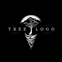 minimalista logotipo modelo, branco ícone do árvore com raízes silhueta em Preto fundo, moderno logótipo conceito para o negócio identidade, Camisetas imprimir, tatuagem. vetor ilustração