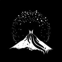 minimalista logotipo modelo, branco ícone do vulcão erupção silhueta em Preto fundo, moderno logótipo conceito para o negócio identidade, Camisetas imprimir, infográfico pictograma vetor ilustração