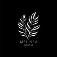 melissa ervas boho logotipo branco ícone do mão desenhado esboço seco ramo folhas silhueta em Preto fundo, camiseta imprimir, natureza rótulo, tatuagem modelo. isolado vetor ilustração