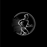 branco ícone do corredor silhueta em Preto fundo, esporte logotipo modelo, corrida moderno logótipo conceito, Camisetas imprimir, tatuagem, infográfico. vetor ilustração