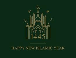 feliz Novo islâmico hijri ano 1445 cumprimento cartão simples luxuoso Projeto vetor arte ouro em Sombrio verde fundo com uma dourado mesquita ícone Projeto