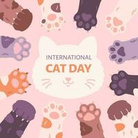 internacional gato dia cumprimento cartão. fofa gatos patas. vetor
