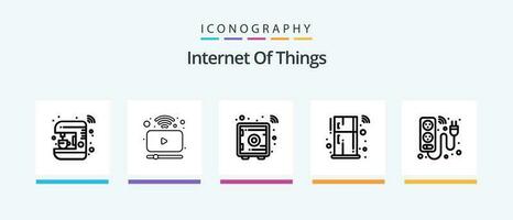 Internet do coisas linha 5 ícone pacote Incluindo controlo remoto. geladeira. globo. microondas. culinária. criativo ícones Projeto vetor